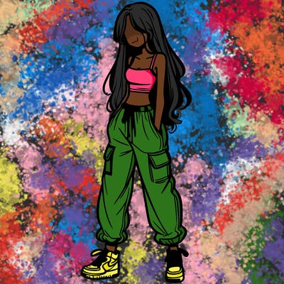 girl in baggy pants crop top and long hair