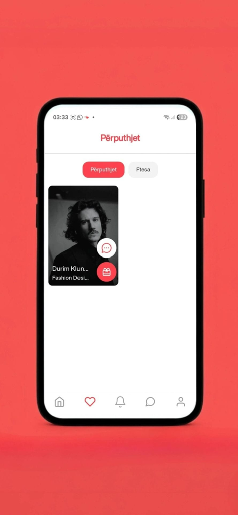 A profile card on the Dashuroj Albanian dating app matches screen featuring a user with chat and gift icons.
