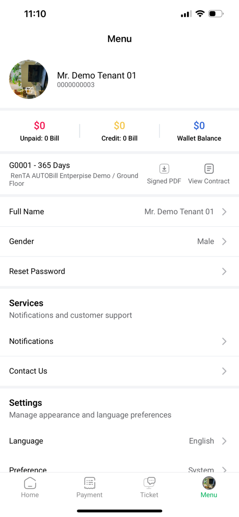 RenTA PORTAL - RenTA PORTAL menu screen displaying tenant profile account balance and rental settings