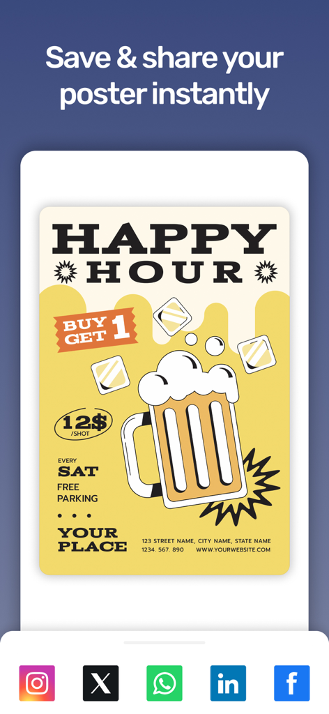 Social media sharing screen for a happy hour poster design