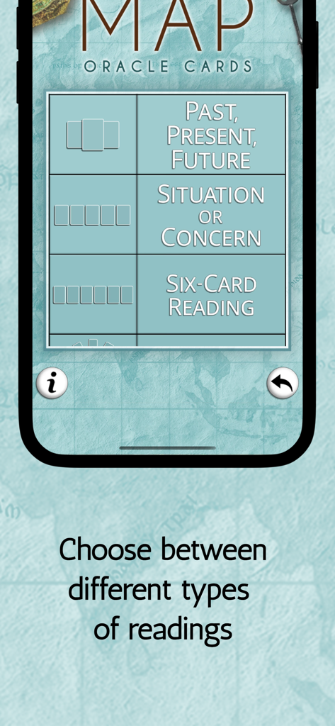 Interface do aplicativo Oráculo do Mapa Encantado mostrando várias opções de tiragem, como Passado Presente Futuro e Leitura de Seis Cartas.