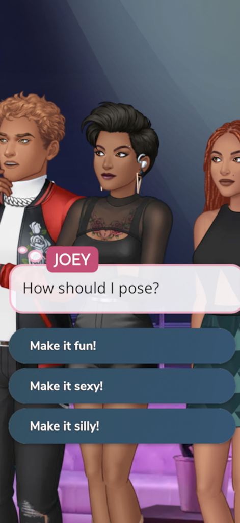 Secrets by Episode NETFLIX - Uno screenshot di gioco che mostra una schermata di scelta interattiva dove i giocatori possono selezionare come un personaggio dovrebbe posare in una storia romantica