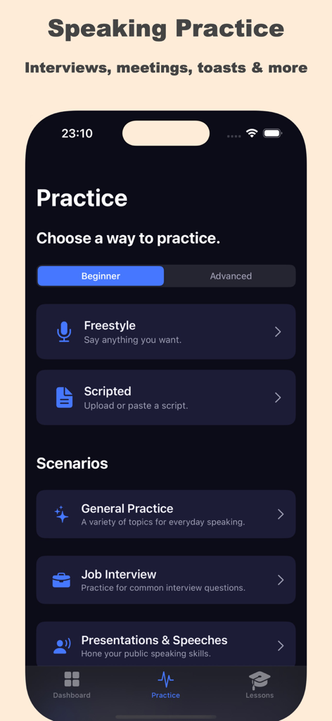 Public Speaking Coach app practice screen with interview and speech scenarios
