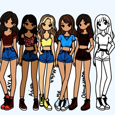 a group of girls wearing crop tops and shorts