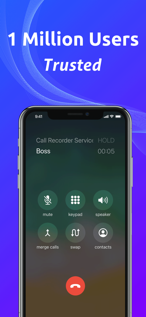 Easy Call Recorder App-Oberfläche auf einem iPhone, die 1 Million vertrauenswürdige Benutzer und einen laufenden Anruf mit dem Chef zeigt