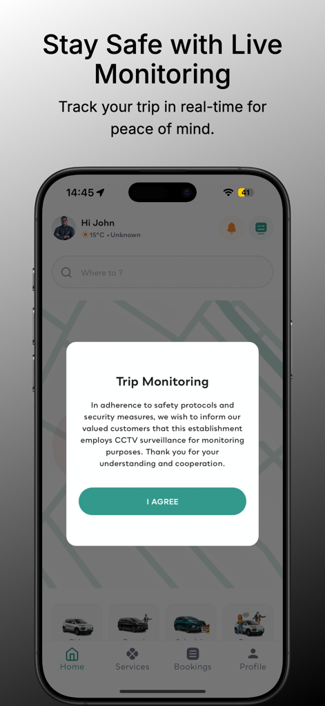 Smartphone displaying eDryv app interface with live trip monitoring and safety features