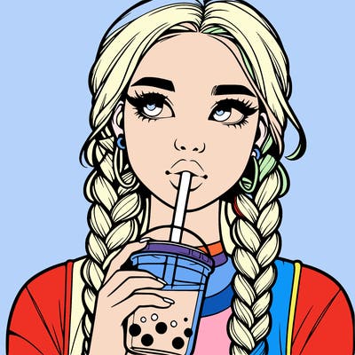 realistic girl with braided hair drinking boba