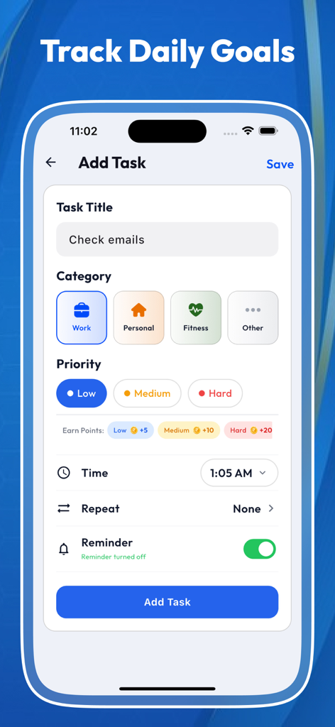 Daily Checklist & To-Do Task - Pantalla de Añadir Tarea de la aplicación Daily Checklist con opciones de categoría y prioridad.