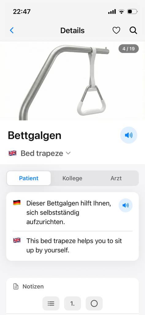 Vista detallada de la aplicación PflegeMate que muestra el término alemán Bettgalgen con su traducción al inglés 'Bed trapeze' y una frase de ejemplo