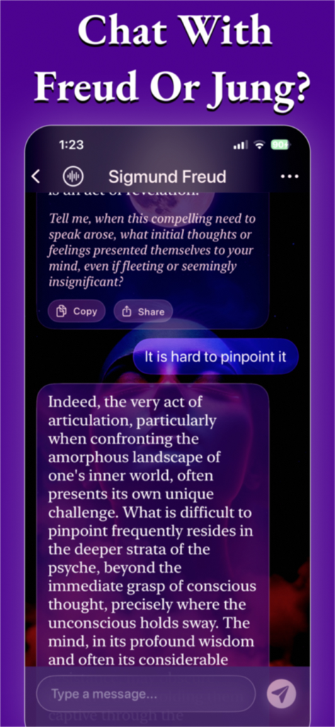 Freud Caffe AI Psychoanalysis - Una pantalla de smartphone que muestra una sesión de chat con una persona de IA de Sigmund Freud dentro de la aplicación Freud Caffe.