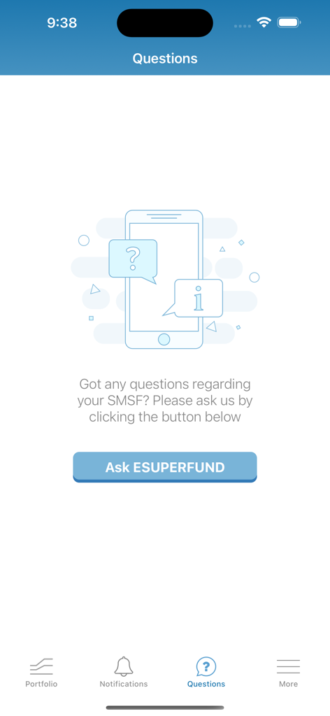 ESUPERFUND - The Questions screen of the ESUPERFUND app featuring an illustration of a smartphone and a button to ask SMSF related questions.