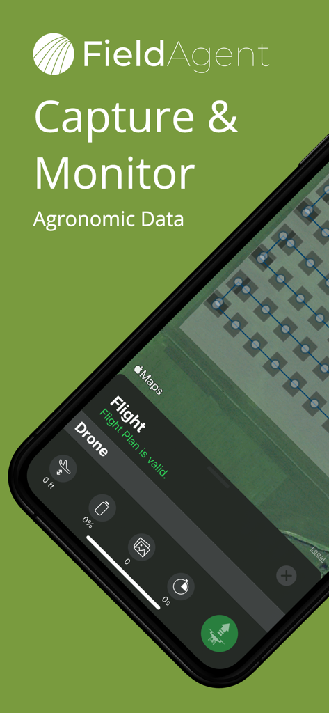 FieldAgent • - Interface do aplicativo FieldAgent exibindo um plano de voo de drone sobre um campo agrícola para monitoramento de dados agronômicos