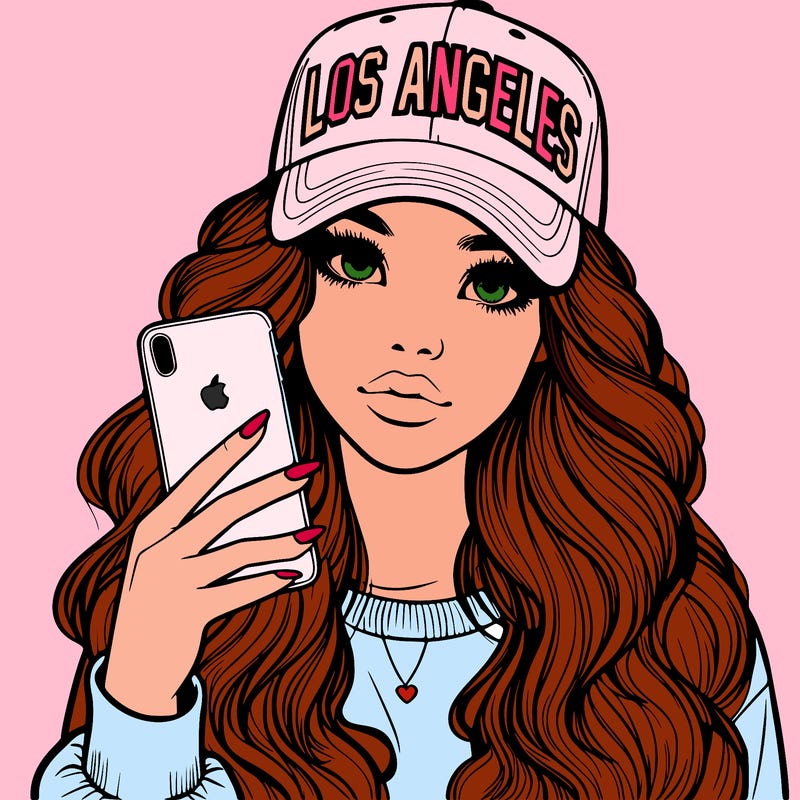 realistic beautiful girl wearing los ángeles cap holding an iphone