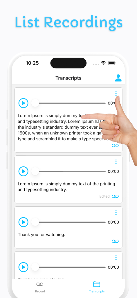 Voice Memo Transcription - Eine mobile App-Oberfläche, die eine Liste von Sprachmemo-Aufnahmen mit KI-generierten Texttranskripten und Wiedergabesteuerung anzeigt