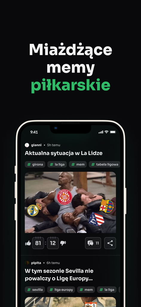 Fangol: Piłka Nożna & Newsy - Fangol-App-Oberfläche, die Fußball-Memes und Nachrichten auf Polnisch anzeigt