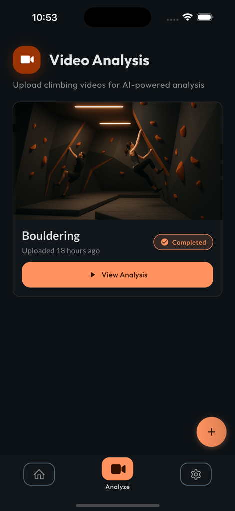 Climbah: Bouldering & Climb AI - Mobile app screen showing a completed AI bouldering video analysis within the Climbah application