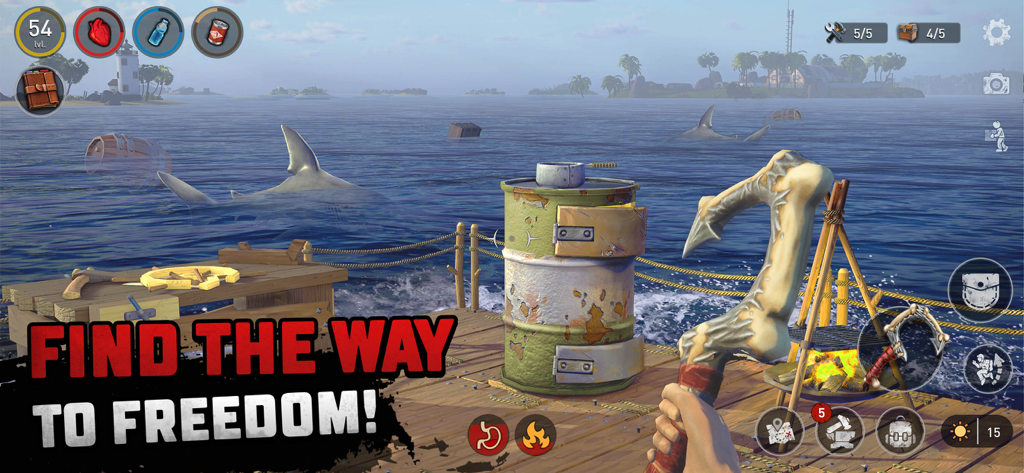 First person gameplay view of a survival game on a raft with a shark in the water and crafting equipment