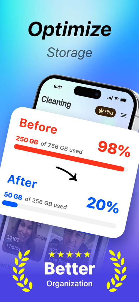 Storage Cleaner: Clean Mate - Comparison of phone storage before and after cleaning showing 98 percent reduced to 20 percent usage