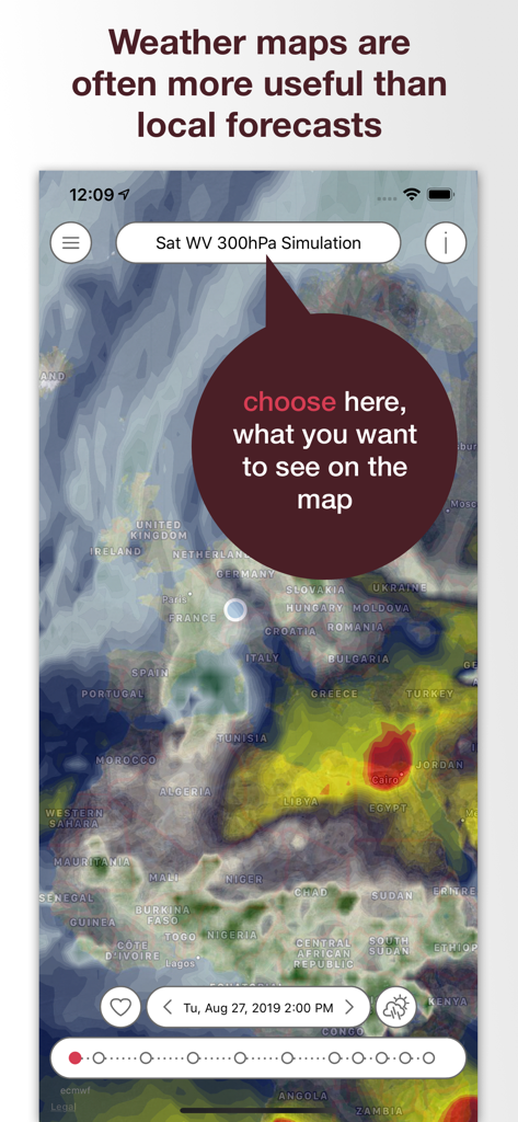 Interfaccia dell'app Pflotsh ECMWF che mostra una simulazione dettagliata di una mappa meteorologica e la selezione dei parametri per previsioni professionali