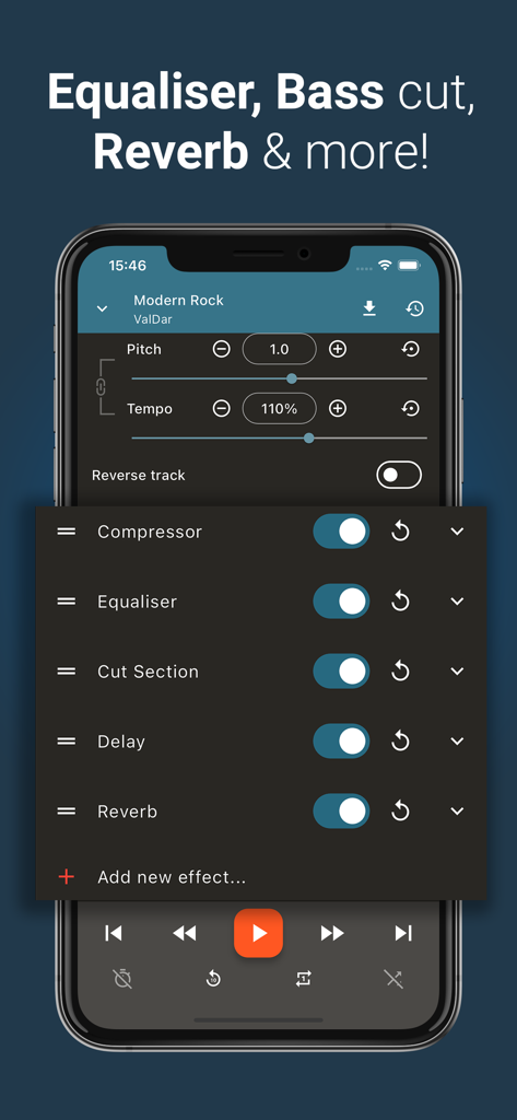 Up Tempo: Pitch, Speed Changer - Up Tempoアプリのインターフェース。オーディオエフェクトメニュー付きのピッチとテンポコントロールを表示