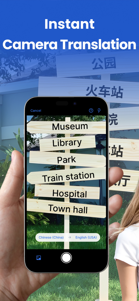 AI Translator, Voice Translate - Um smartphone usando o aplicativo AI Translator para realizar tradução por câmera em tempo real de uma placa direcional chinesa para o inglês.