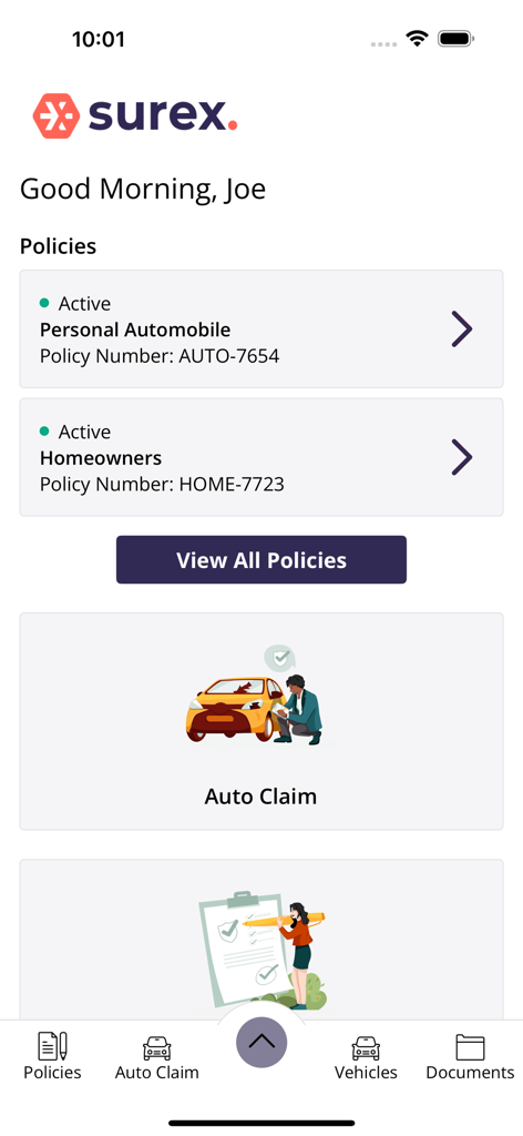 MySurex - Painel do aplicativo MySurex exibindo apólices de seguro ativas e opções para sinistros de automóveis e documentos