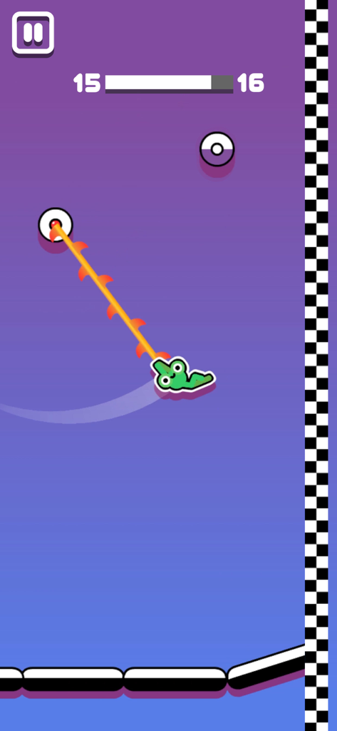 Un personaggio verde che si dondola da un rampino in un livello viola di Stickman Hook.