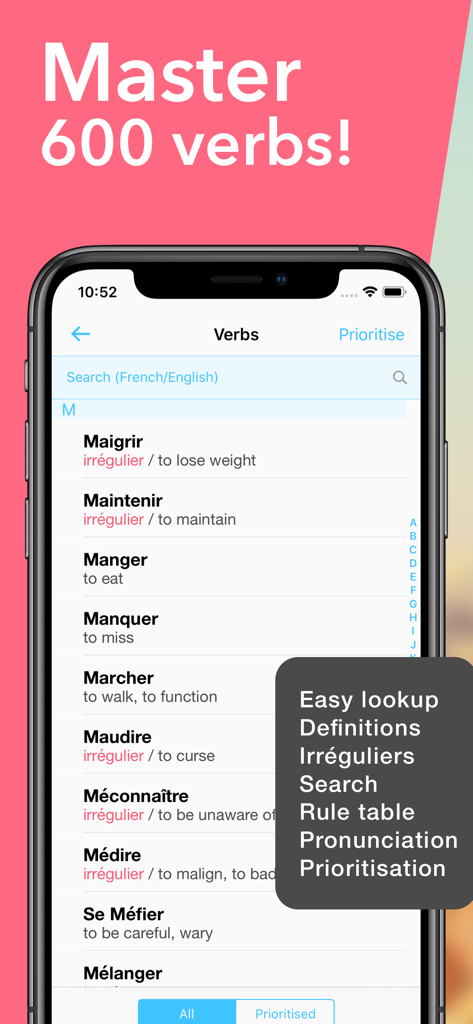 Conjuu - French Full Edition - A mobile interface of the Conjuu French app showing a list of common verbs with English translations and a search bar.