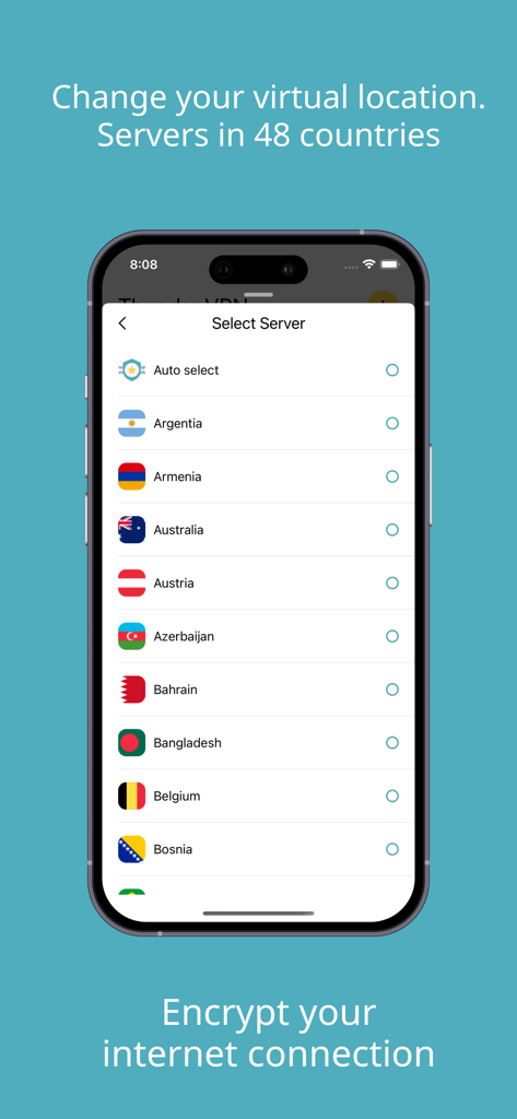 Thunder VPN app screen showing a list of global server locations to change virtual location