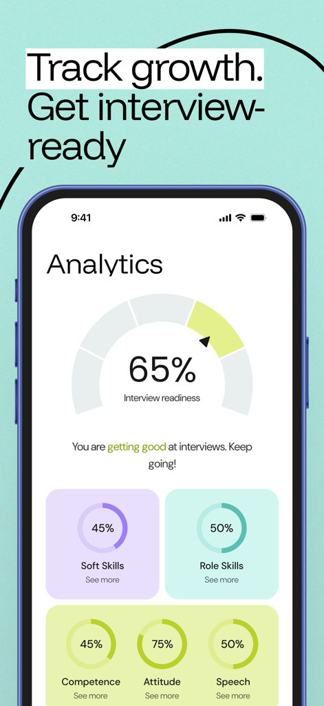 Una pantalla móvil que muestra análisis de preparación para entrevistas con puntuaciones porcentuales para habilidades blandas y competencia en el puesto