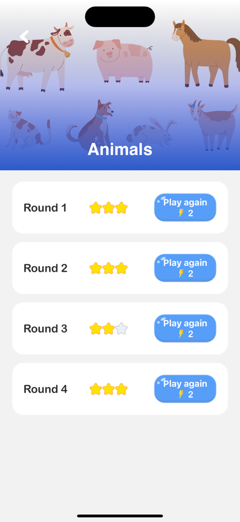 The Big Challenge PLAY - Spiellevel-Auswahl für Vokabelrunden zu Tieren, die Sternebewertungen und Spielfelder anzeigt.