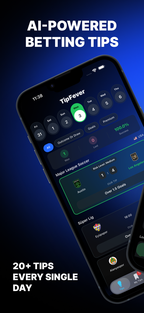 TipFever - AI Betting Tips - Interfaz de la aplicación TipFever que muestra consejos de apuestas de fútbol impulsados por IA y predicciones de partidos diarios