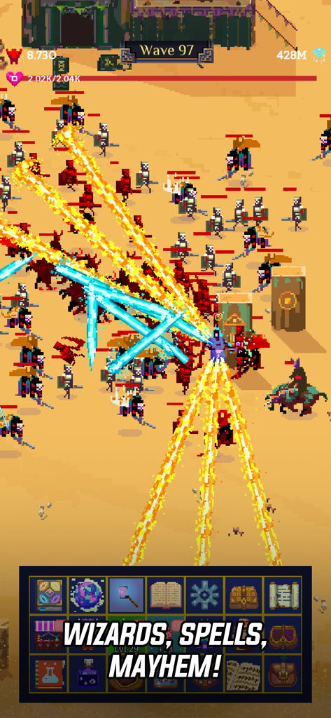 Tap Wizard 2: Idle Magic Game - A pixel art wizard casting magical spells against a horde of enemies in Tap Wizard 2.