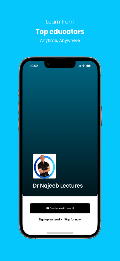 Welcome screen of the Dr Najeeb Lectures app featuring the founder portrait and login options