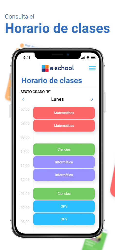 eschool padres - Captura de pantalla de la aplicación móvil eschool padres que muestra un horario semanal de clases para estudiantes de sexto grado.