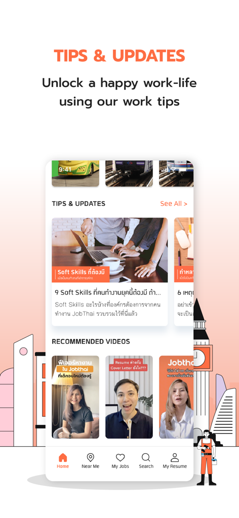 JobThai Jobs Search - JobThai app interface showing career development tips and recommended work life balance videos