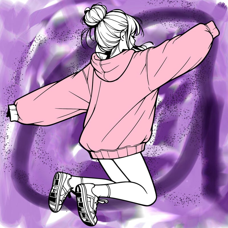 realistic girl jumping with a bun and oversized sweatshirt