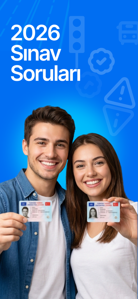 Ehliyet Rehberi Sınav Soruları - A young man and woman smiling while holding their driver licenses with 2026 exam questions text