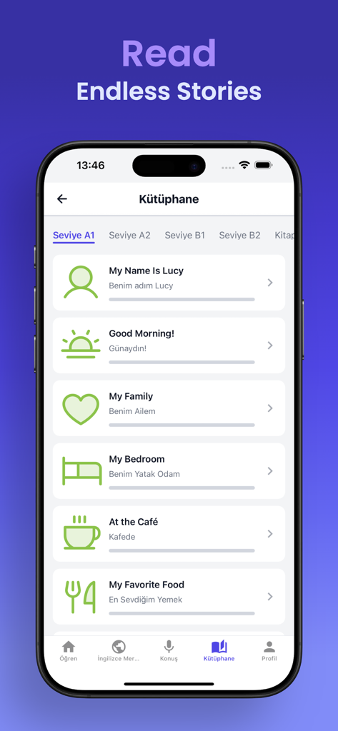 Learn English by FluenTech - Pantalla de la biblioteca de la aplicación FluenTech que muestra historias de lectura en inglés y categorías de nivel
