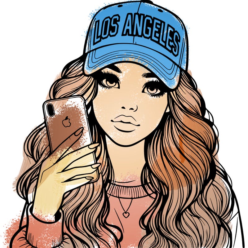 realistic beautiful girl wearing los ángeles cap holding an iphone