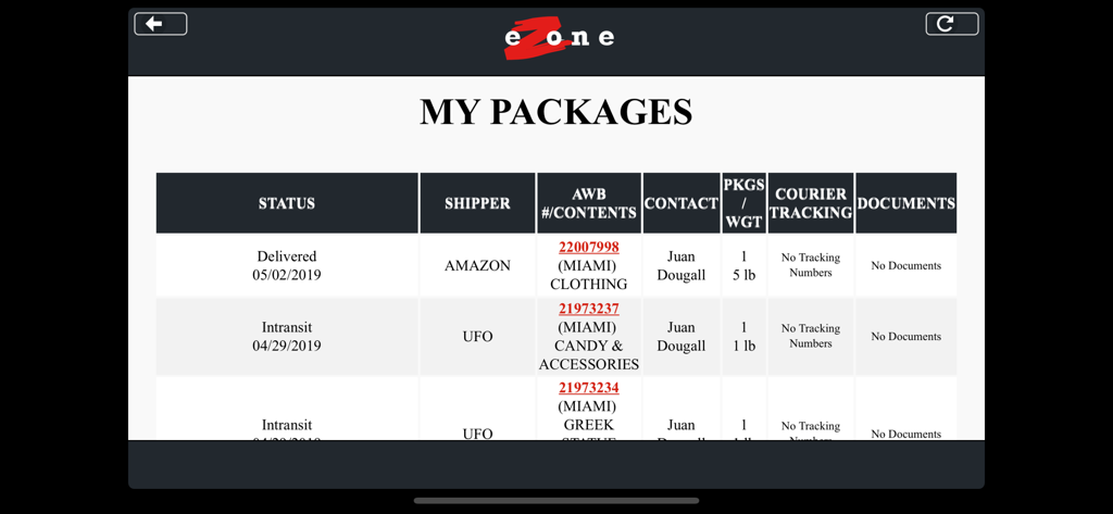 eZone App - eZone app screen showing a list of packages and their delivery status
