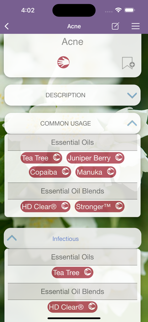 Pantalla de la aplicación Modern Essentials Plus que muestra aceites y mezclas esenciales recomendados para tratar el acné