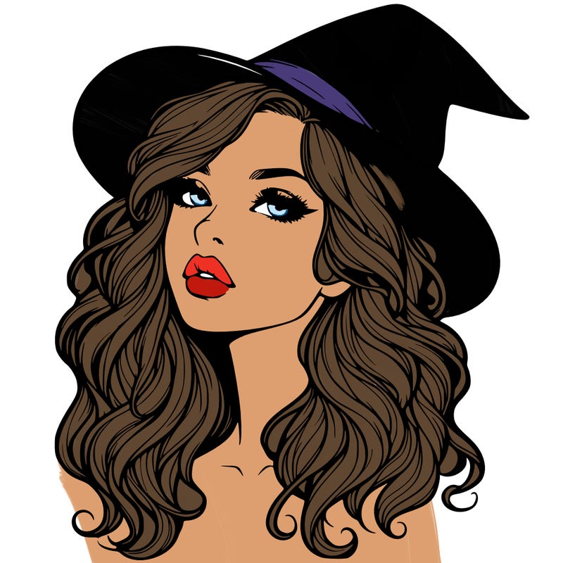 realistic witch girl with wavy hair and lips