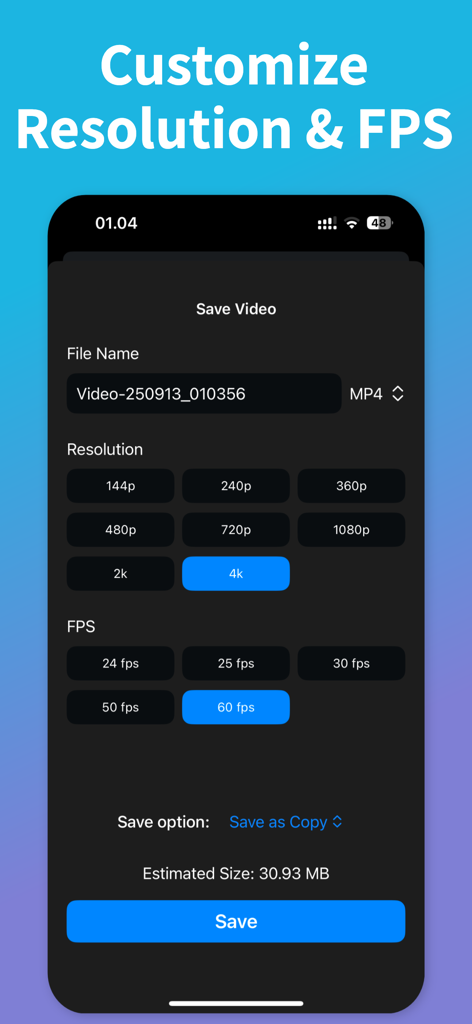 Screen Recording ™ - Screen Recording app interface for customizing video resolution and frames per second