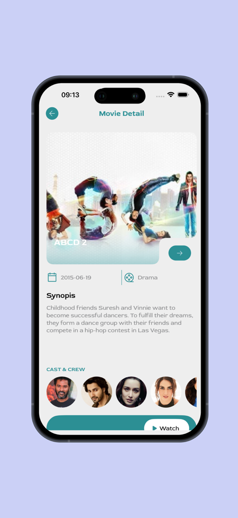 Cine Moodアプリの映画詳細画面。映画ABCD 2のあらすじとキャストメンバーを表示しています。