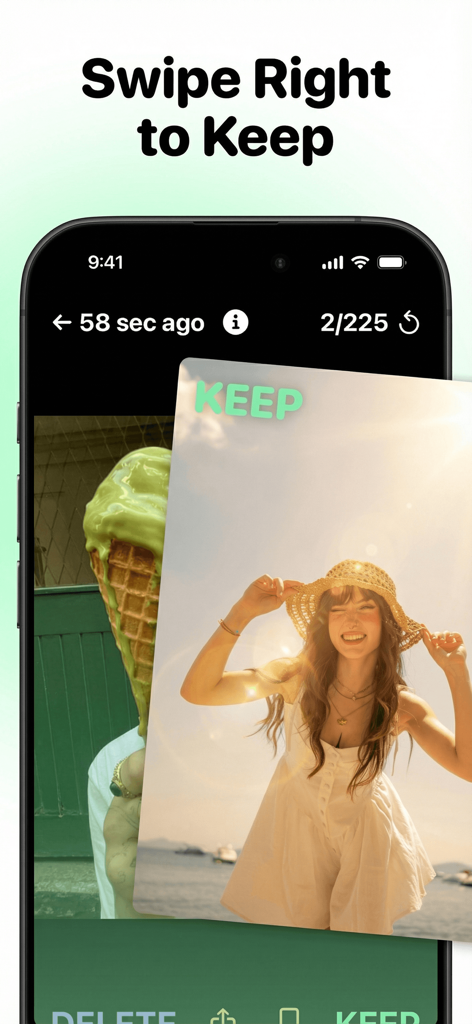 Photo Cleaner: Swipewipe - Interfaz de la aplicación móvil Swipewipe que muestra el gesto de deslizar a la derecha para conservar para la gestión de fotos.