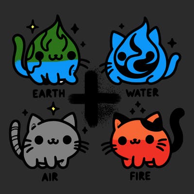 4 cats that represent the different elements, earth, water, air, and fire