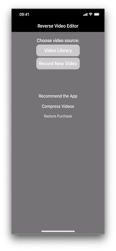 Main menu screen of the Reverse Video Editor mobile application featuring buttons to choose video from library or record new video