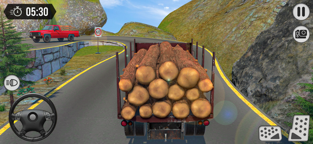 Truck Driver: Road Legends - Un camión pesado transportando una carga de troncos de madera por una carretera de montaña sinuosa en el juego Truck Driver Road Legends