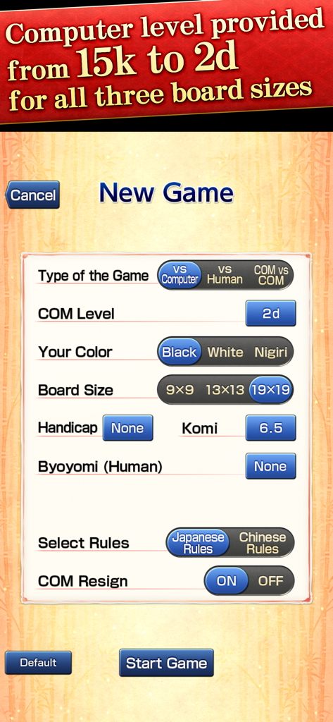New game configuration screen in CrazyStone DeepLearning showing options for board size AI level and rules